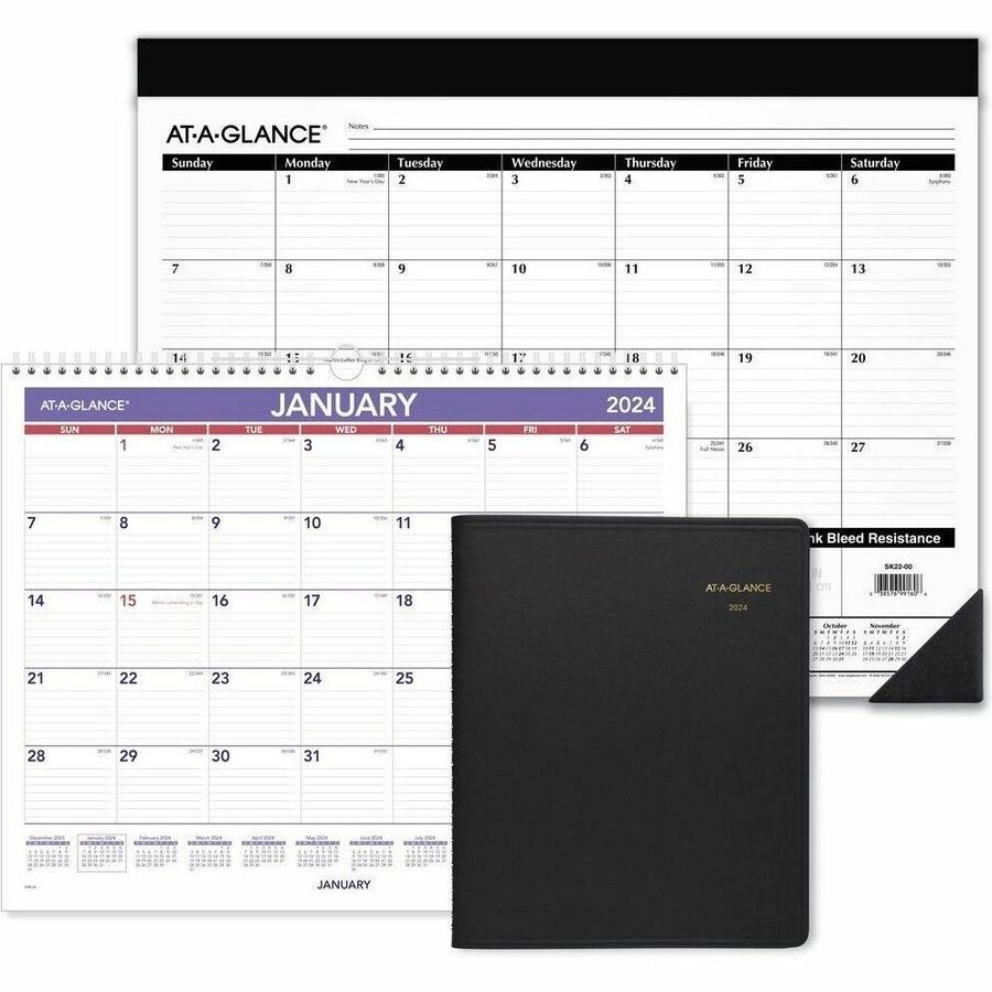 At-A-Glance 2-Color Desk Pad - Standard Size - Monthly - 12 Month - January 2024 - December 2024 - 1 Month Single Page Layout - 21 3/4" x 17" White Sheet - 3" x 2.02" Block - Headband - Desktop, Desk Pad - Multi - Simulated Leather, Paper - Bleed Resistan