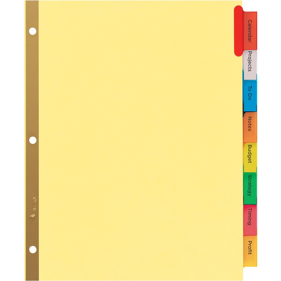 Avery® Big Tab Insertable Dividers - Reinforced Gold Edge - 8 Blank Tab(s) - 8 Tab(s)/Set - 8.5" Divider Width x 11" Divider Length - Letter - 3 Hole Punched - Buff Paper Divider - Multicolor Tab(s) - Recycled - Double Gold Reinforced Edges - 8 / Set