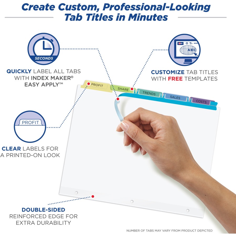 Avery® Index Maker Index Divider - 125 x Divider(s) - Print-on Tab(s) - 5 - 5 Tab(s)/Set - 8.5" Divider Width x 11" Divider Length - 3 Hole Punched - White Paper Divider - Multicolor Paper Tab(s) - 25 / Box