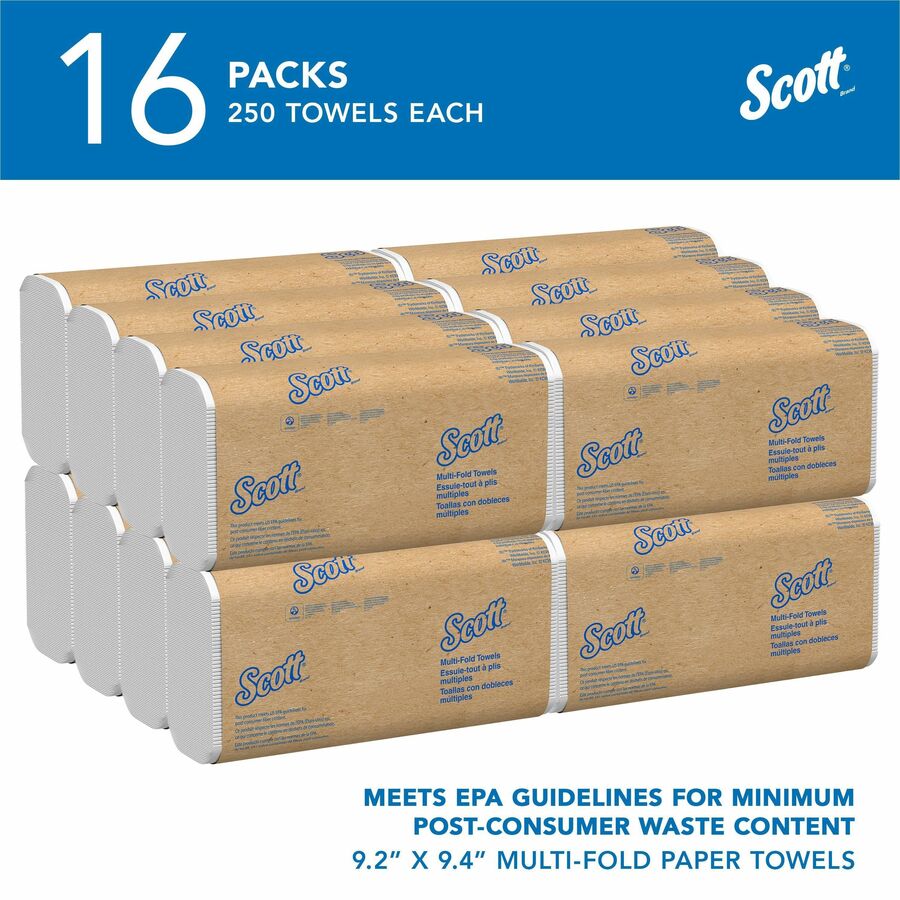 Scott Multifold Paper Towels with Absorbency Pockets - 9.20" x 9.40" - White - Paper - 250 Per Pack - 16 / Carton