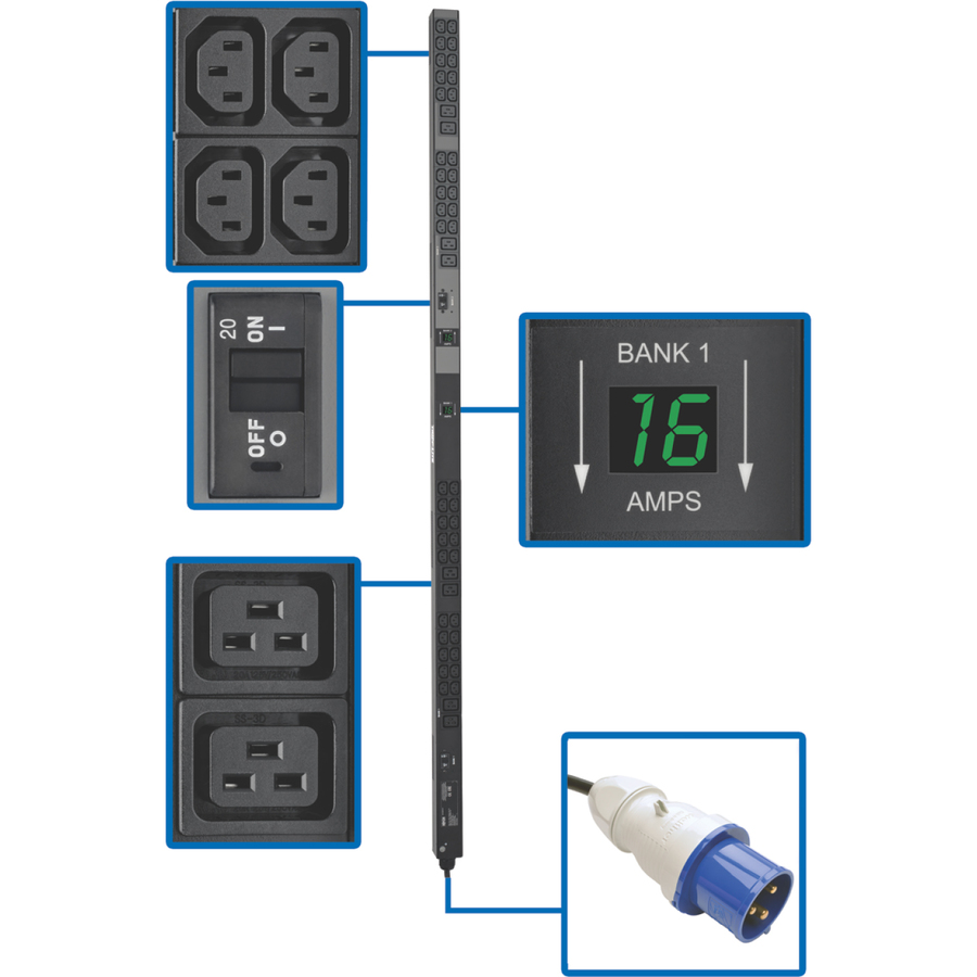 Tripp Lite by Eaton PDU 7.7kW Single-Phase Local Metered PDU 200-240V Outlets (8 C19 and 40 C13) IEC-309 32A Blue Input 10 ft. (3.05 m) Cord 0U Vertical TAA 70 in.