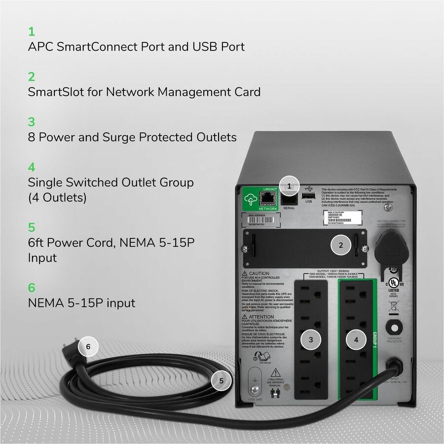 APC Smart-UPS, Line Interactive, 1500VA, Tower, 120V, 8x NEMA 5-15R outlets, SmartConnect Port+SmartSlot, AVR, LCD