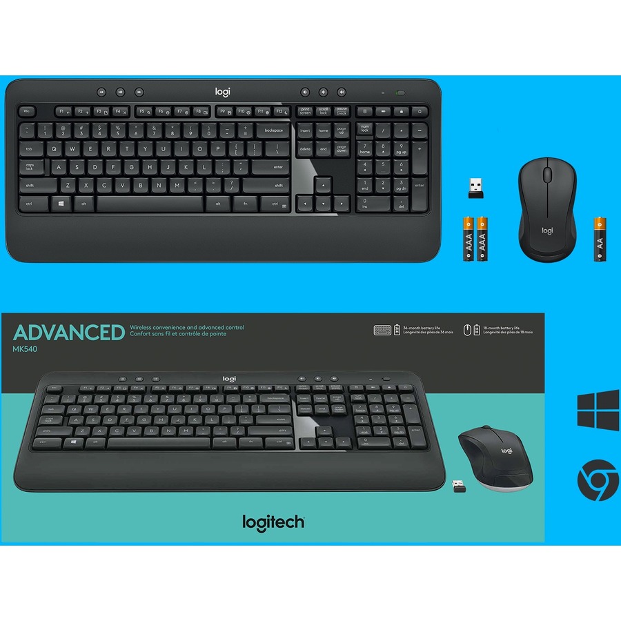 Logitech MK540 Advanced Wireless Keyboard and Mouse Combo for Windows, 2.4 GHz Unifying USB-Receiver, Multimedia Hotkeys, 3-Year Battery Life, for PC, Laptop