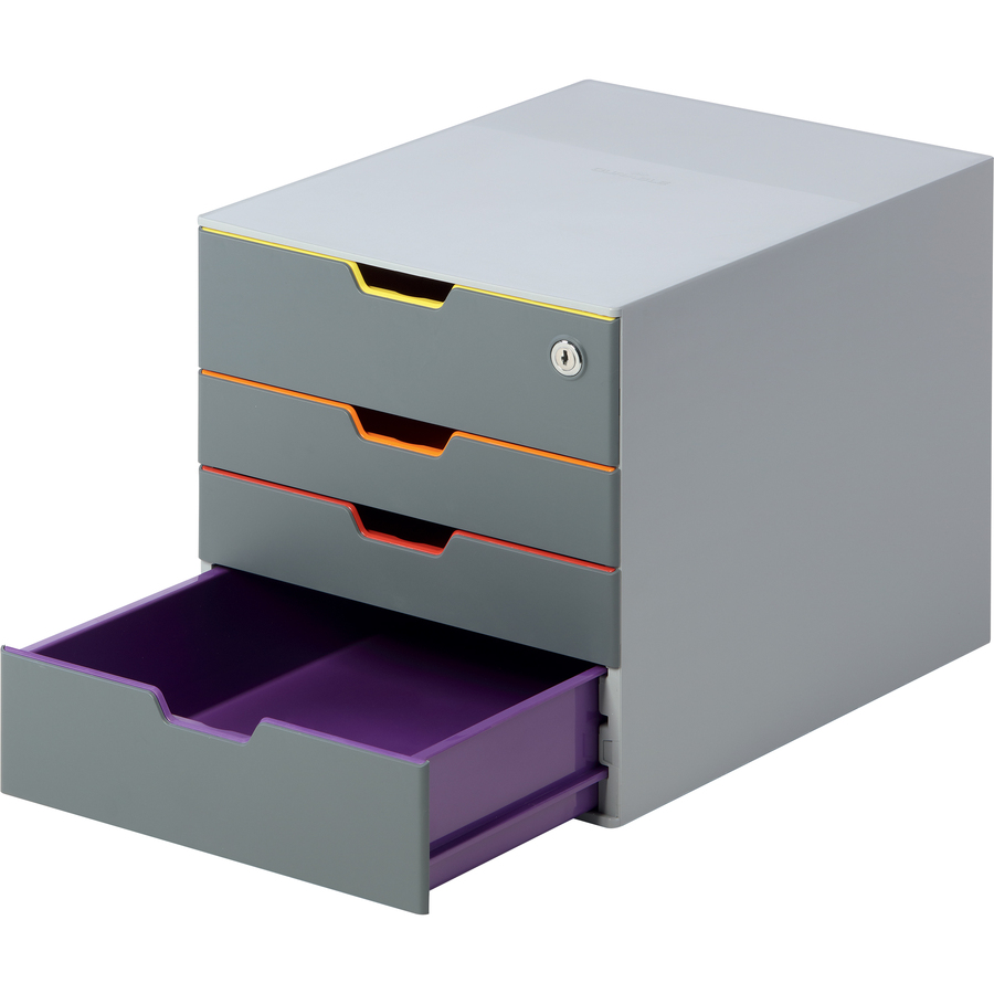 DBL760627 - Drawer Box features a stylish design with sleek contours for an attractive addition to any desk. Each drawer is colored in a different color to aid document organization. Skid-proof, plastic feet prevent sliding on smooth surfaces. The top, lockable drawer allows you to safely store your confidential documents and personal belongings. Its compact size allows it to fit into all standard office cabinets and sideboards. Drawers with drawer stops operate smoothly and silently for easy access to your belongings. Stackable construction allows you to place additional drawer boxes on top for space-saving, desktop organization. Letter-size organizer is perfect for storing office papers, various office supplies, business cards, craft supplies, school supplies, jewelry and more. More from the Manufacturer