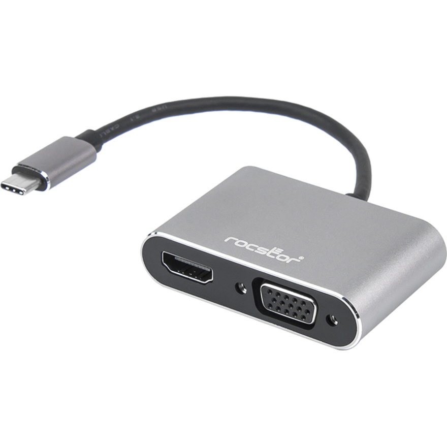 Rocstor Premium USB-C to HDMI & VGA Dual Port Adapter - HDMI 4K @30Hz, VGA 1080p - USB Type- C to 1x HDMI & 1x VGA - 2-Port Adapter - for Mac and Windows - 4Kx2K 30Hz HDMI Resolutions up to 3840x2160, VGA Resolutions up to 1920x1080 @ 60Hz 1080p- for MacBook Pro, Notebook/Desktop PC - ALUMINUM ADAPTER USB-C to HDMI & VGA WINDOWS AND MAC