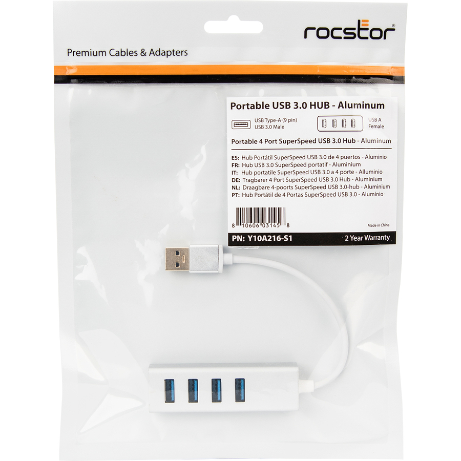 Rocstor Premium Portable 4 Port SuperSpeed Mini USB 3.0 Hub - Aluminum Silver - USB - External - 4 USB Ports Female - 4 USB 3.0 Ports - PC, Mac - 6 in Mini Hub with Built-in SuperSpeed Cable 5Gbps