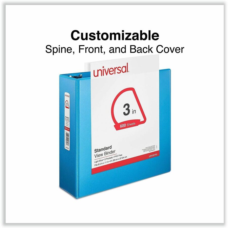 Universal Slant D-Ring View Binder, 3 Rings, 3" Capacity, 11 x 8.5, Light Blue - 3" Binder Capacity - Letter - 8 1/2" x 11" Sheet Size - 600 Sheet Capacity - 3 Ring(s) - Fastener(s): Ring - Pocket(s): 2, Inside Front & Back - Polypropylene - Light Blue - 
