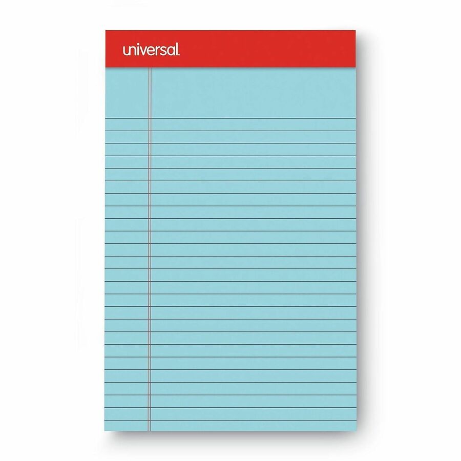 Universal Colored Perforated Ruled Writing Pads, Narrow Rule, 50 Blue 5 x 8 Sheets, Dozen - 1 Subject(s) - 50 Sheets - Tape Bound - Narrow Ruled Front Ruling - 16 lb Basis Weight - 8" Height x 5" Width - Blue Paper - Chipboard Cover - 1 Dozen