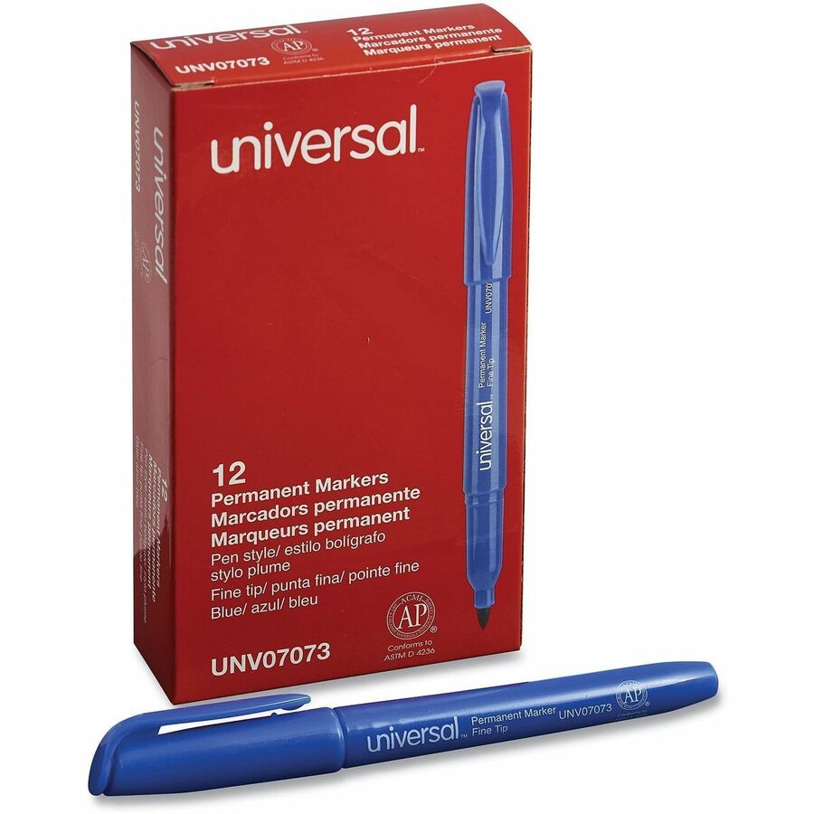 Universal Pen-Style Permanent Marker, Fine Bullet Tip, Blue, Dozen - Fine Bullet Marker Point - Blue Ink - General Purpose - 1 Dozen