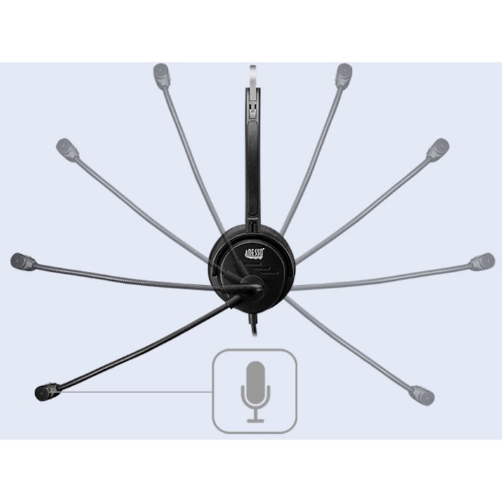 Adesso USB Single-Sided Headset with Adjustable Microphone- Noise Cancelling- Mono - USB - Wired - Over-the-head - 6 ft Cable -, Omni-directional Microphone - Black