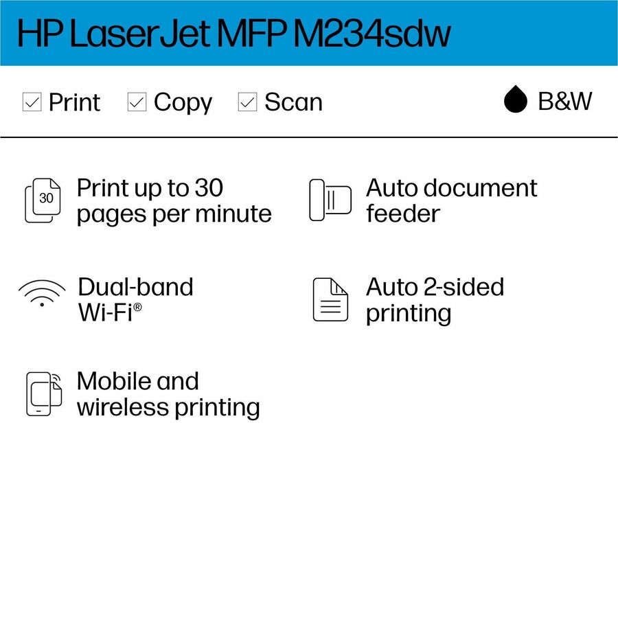 HP LaserJet M234sdw Laser Multifunction Printer-Monochrome-Copier/Scanner-30 ppm Mono Print-600x600 dpi Print-Automatic Duplex Print-20000 Pages-150 sheets Input-Color Flatbed Scanner-600 dpi Optical Scan-Wireless LAN-Apple AirPrint-HP Smart App