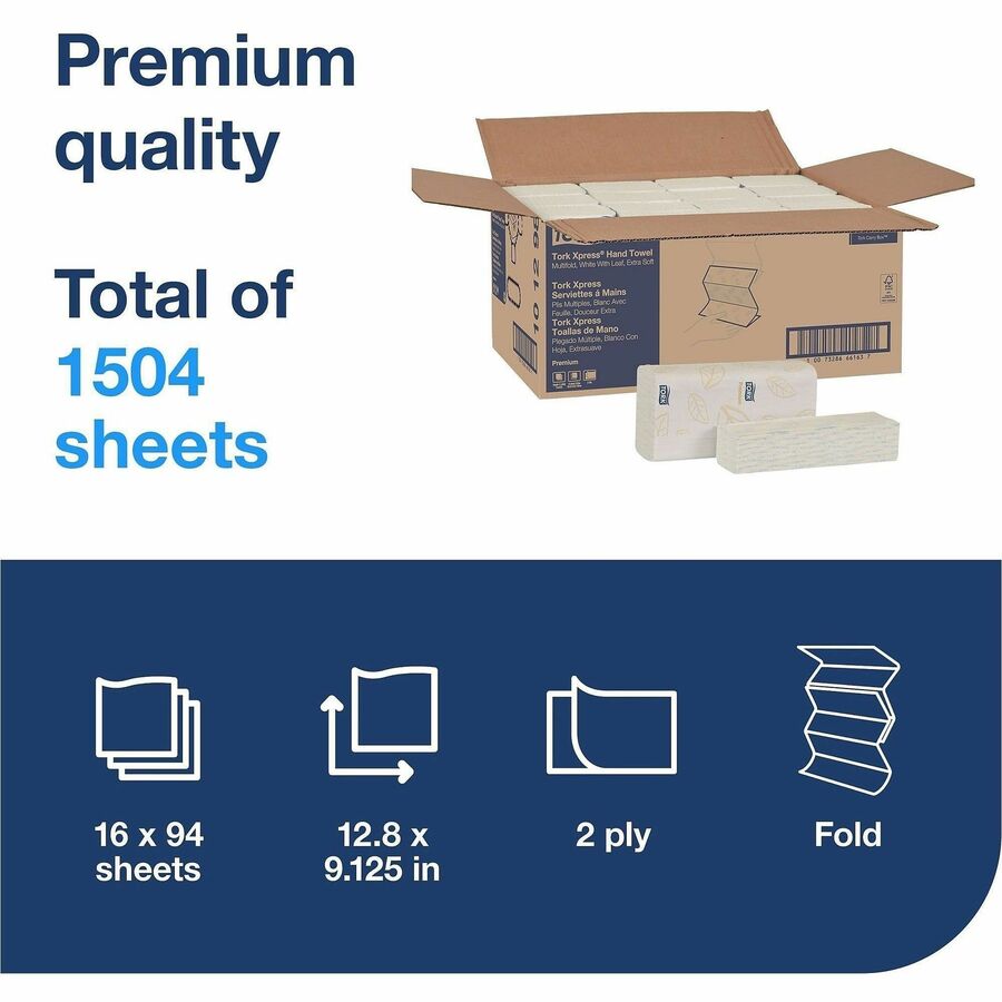 TRK101298 - Tork Xpress Extra Soft Multifold Hand Towel White with Blue Leaf H2: Offering superior softness, this towel shows your customers what luxury feels like. Tork Premium Extra Soft Xpress 4-Panel Multifold Hand Towels system creates ready-to-use towels with no towel "fall out," and portion control to deliver one towel every time. Ideal for medium-traffic restrooms, this system provides both comfort and hygiene to your guests. High-performance towels mean customers use less, resulting in greater cost savings and reduced waste. More from the Manufacturer