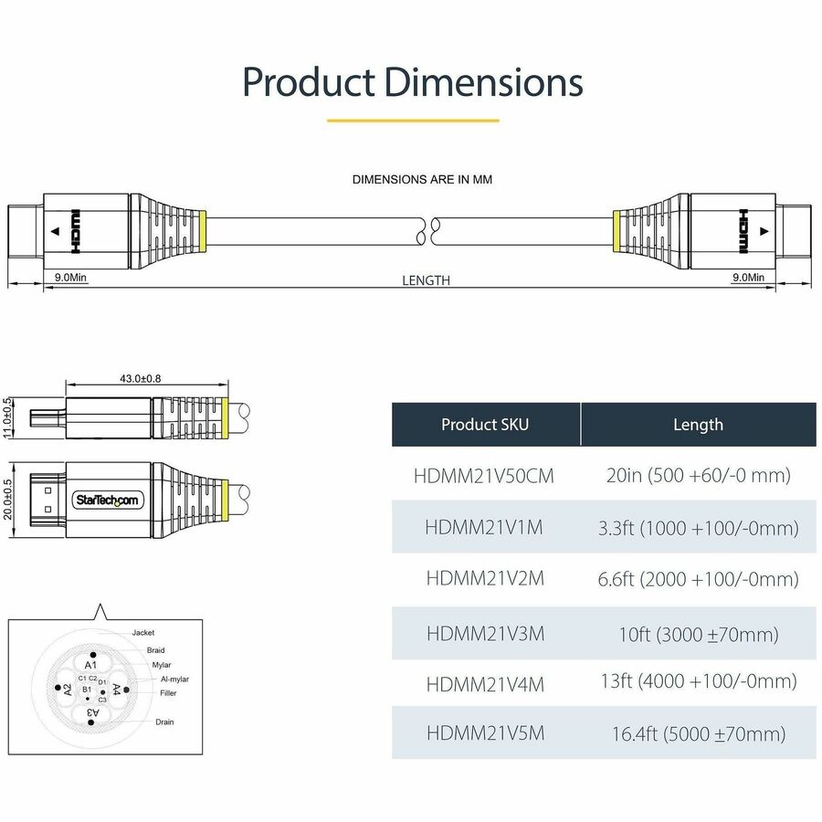 StarTech 6ft/2m HDMI 2.1 Cable, Certified Ultra High Speed HDMI Cable 48Gbps, 8K 60Hz/4K 120Hz HDR10+, 8K HDMI Cable, Monitor/Display