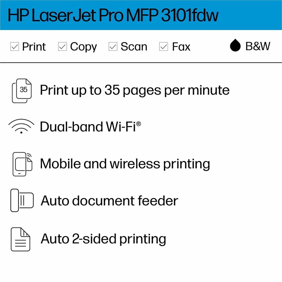 HP LaserJet Pro 3101fdw Wired & Wireless Laser Multifunction Printer - Monochrome