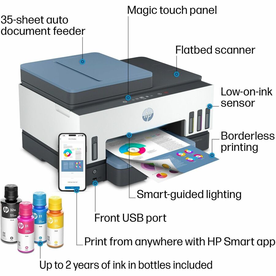 Imprimante multifonction &#224; jet d'encre 7602 Filaires et Sans fil Smart Tank - Couleur HP