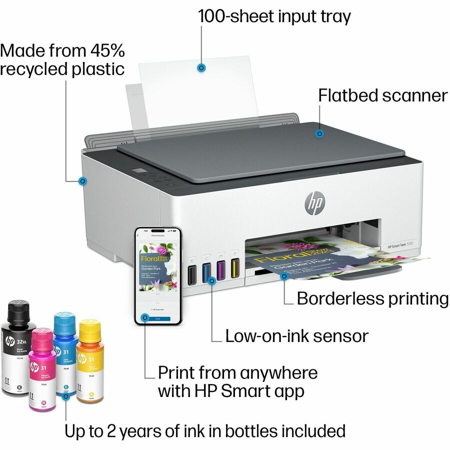 HP 5101 Wireless Smart Tank Inkjet Multifunction Printer - Color