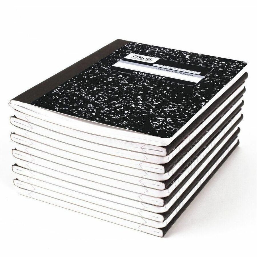 Mead Wide Ruled Composition Book - 1 Subject(s) - 100 Sheets - 200 Pages - Sewn - Legal/Wide Ruled Front Ruling - 20 lb Basis Weight - White Paper - Black Marble Marble Paper Cover - Reference Page, Double Sided Sheet, Conversion Table, Undated, Opaque, M