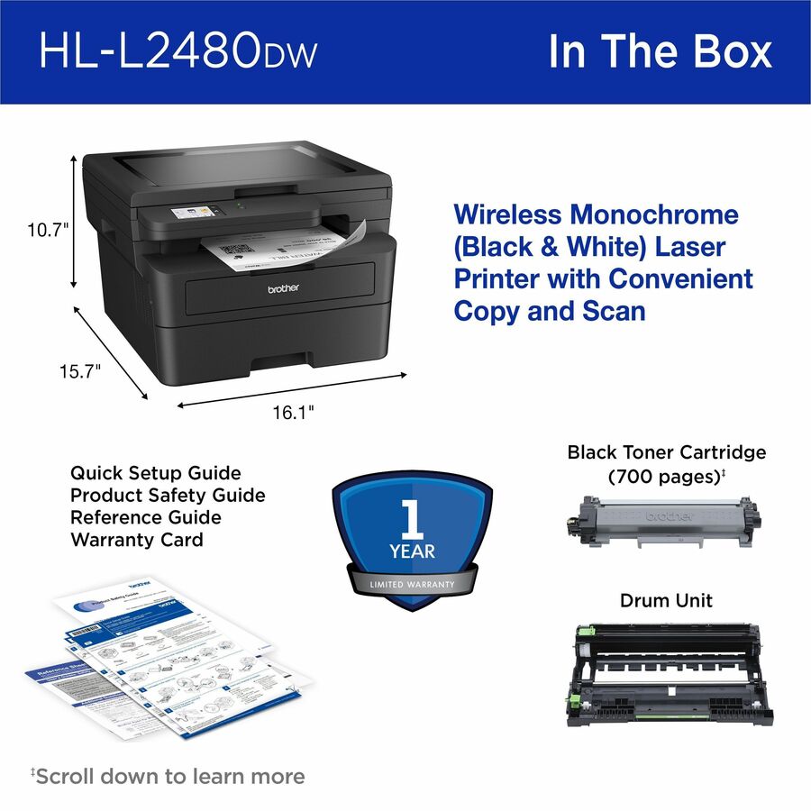 Brother Wireless HL-L2480DW Compact Monochrome Multi-Function Laser Printer with Print, Copy and Scan, Duplex and Mobile Printing
