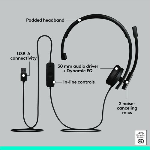 ヘッドセット Logitech H570e Mono Headset USB, 981-000571 : Logitech H570e Wired Headset, Stereo Headphones with