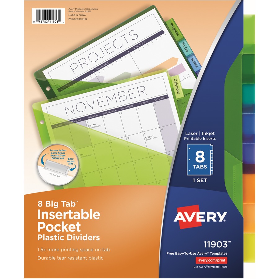 Avery Avery Big Tab Insertable Plastic Dividers W Pockets 8 Tab Multicolor 8 8 Tab S Set 9 3 Divider Width X 11 13 Divider Length 3 Hole Punched Translucent Plastic Multicolor Divider