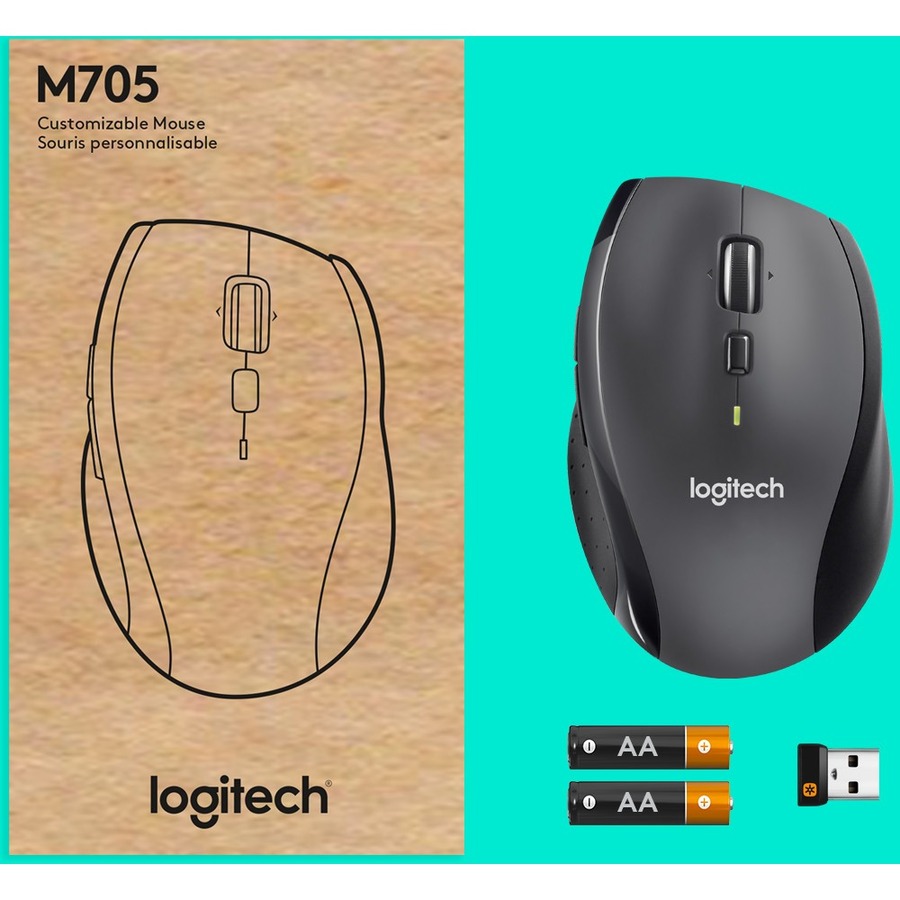  Logitech M705 Marathon Wireless Mouse, 2.4 GHz USB Unifying  Receiver, 1000 DPI, 5-Programmable Buttons, 3-Year Battery, Compatible