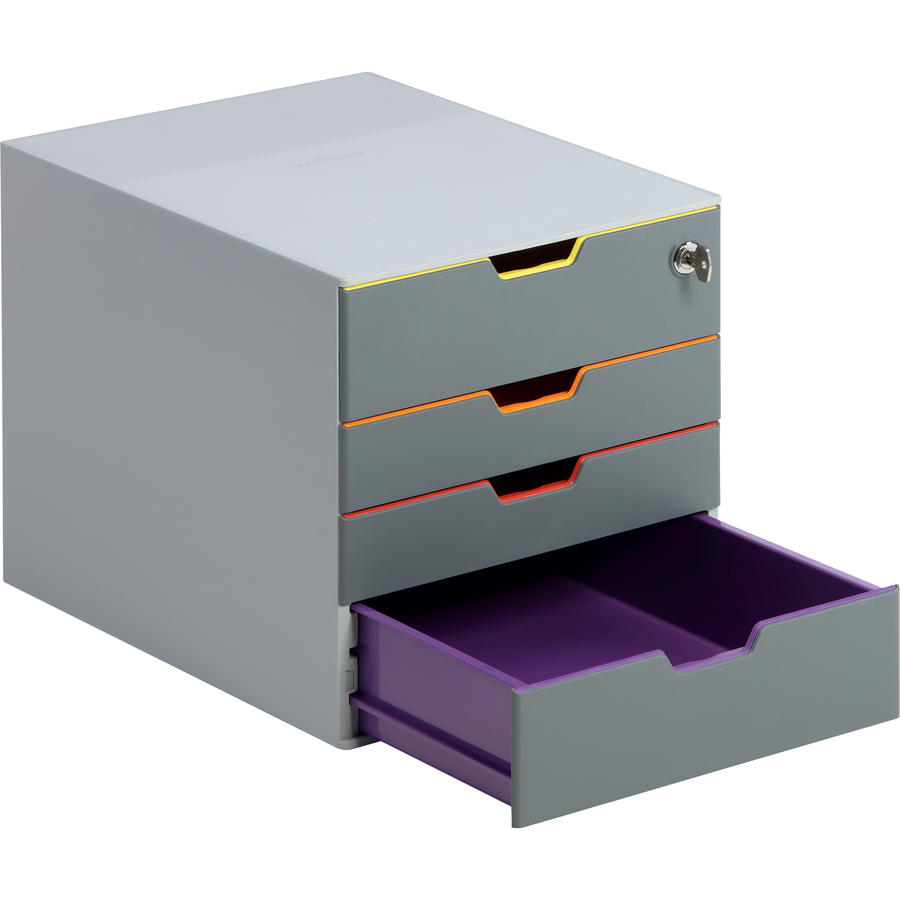 DBL760627 - Drawer Box features a stylish design with sleek contours for an attractive addition to any desk. Each drawer is colored in a different color to aid document organization. Skid-proof, plastic feet prevent sliding on smooth surfaces. The top, lockable drawer allows you to safely store your confidential documents and personal belongings. Its compact size allows it to fit into all standard office cabinets and sideboards. Drawers with drawer stops operate smoothly and silently for easy access to your belongings. Stackable construction allows you to place additional drawer boxes on top for space-saving, desktop organization. Letter-size organizer is perfect for storing office papers, various office supplies, business cards, craft supplies, school supplies, jewelry and more. More from the Manufacturer