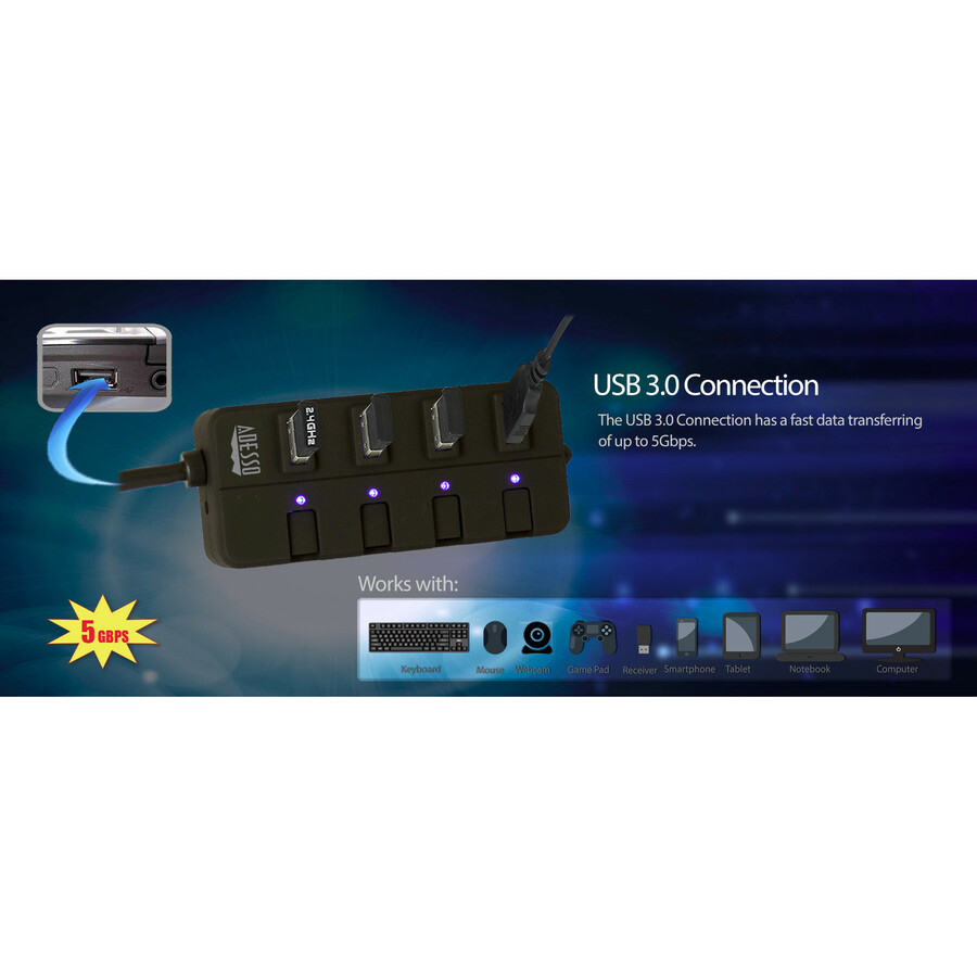 Adesso 4-ports USB 3.0 Hub - USB - External - 4 USB Port(s) - 4 USB 3.0 Port(s) - PC, Mac