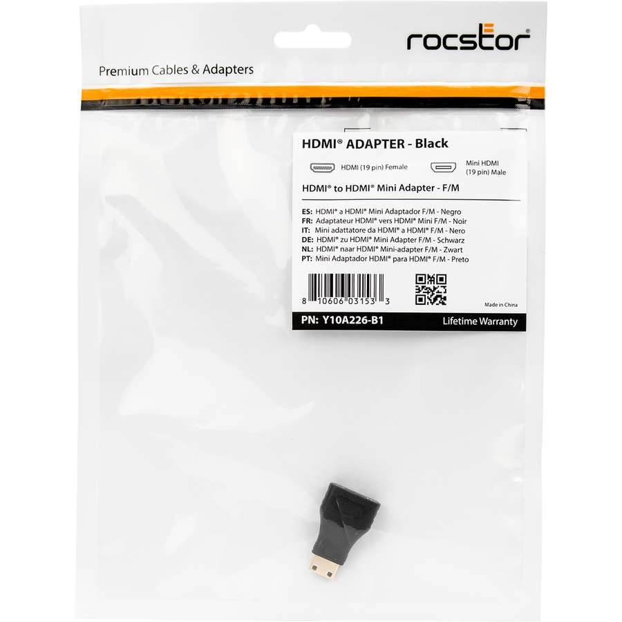 Rocstor Premium HDMI to HDMI Mini Adapter - F/M - 1 Pack - 1 x HDMI Female Digital Audio/Video - 1 x Mini Type C HDMI Male Digital Audio/Video - Gold Connector - Black - Adapter