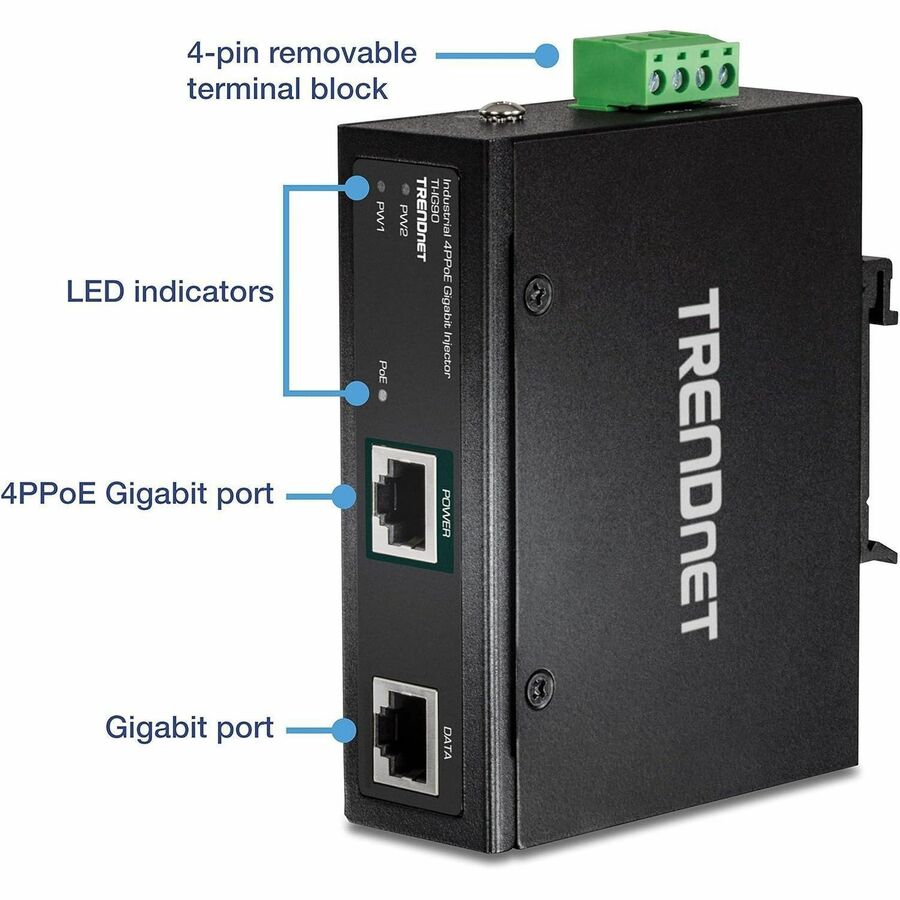 TRENDnet TI-IG90 90 W Gigabit 4PPoE industrial PoE injector with IP30 protection — alternate view 8