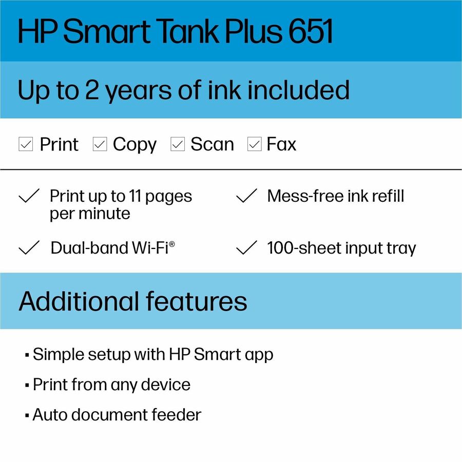 HP 651 Wired & Wireless Smart Tank Plus Inkjet Multifunction Printer - Color