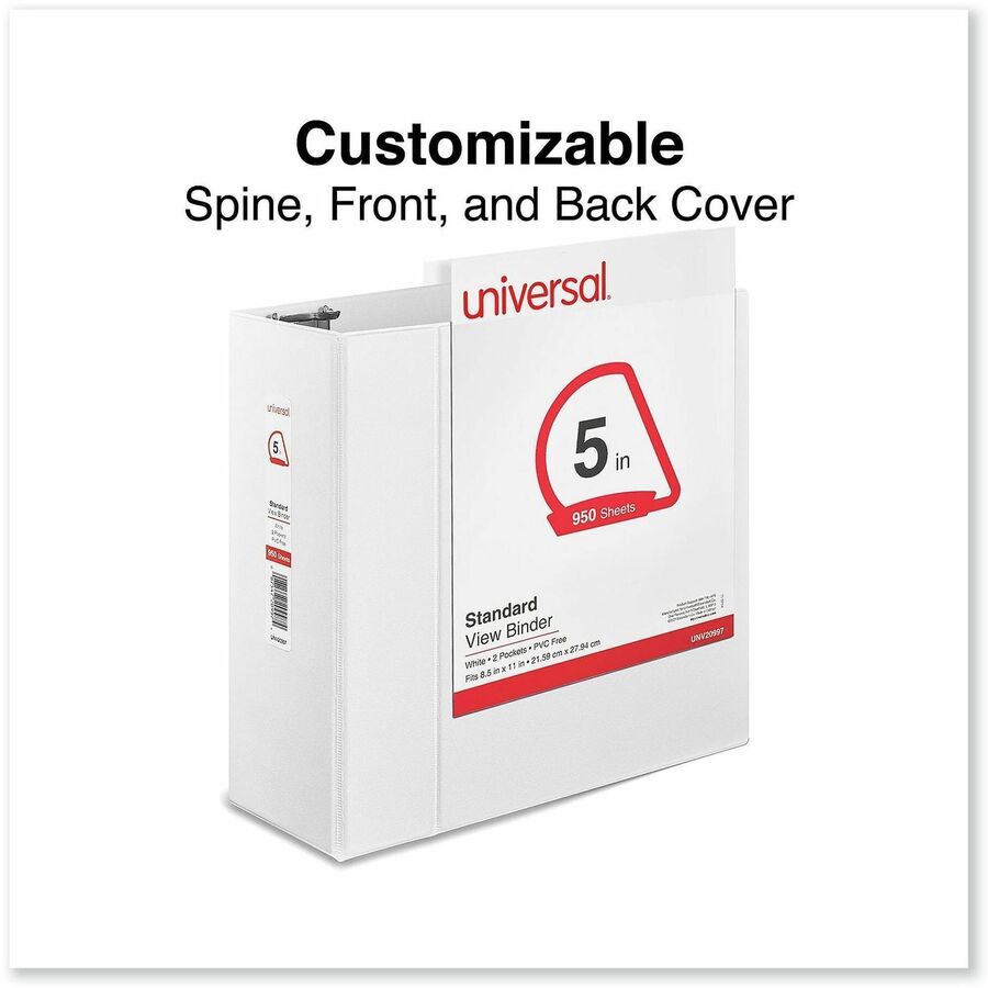 Universal Slant D-Ring View Binder, 3 Rings, 5" Capacity, 11 x 8.5, White - 5" Binder Capacity - Letter - 8 1/2" x 11" Sheet Size - 950 Sheet Capacity - 3 Ring(s) - Fastener(s): Ring - Pocket(s): 2, Inside Front & Back - Polypropylene - White - Non-stick 