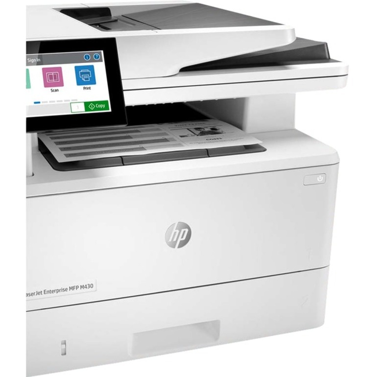 HP LaserJet M430f Laser Multifunction Printer-Monochrome-Copier/Fax/Scanner-42 ppm Mono Print-1200x1200 Print-Automatic Duplex Print-100000 Pages Monthly-350 sheets Input-Color Scanner-600 Optical Scan-Monochrome Fax-Gigabit Ethernet