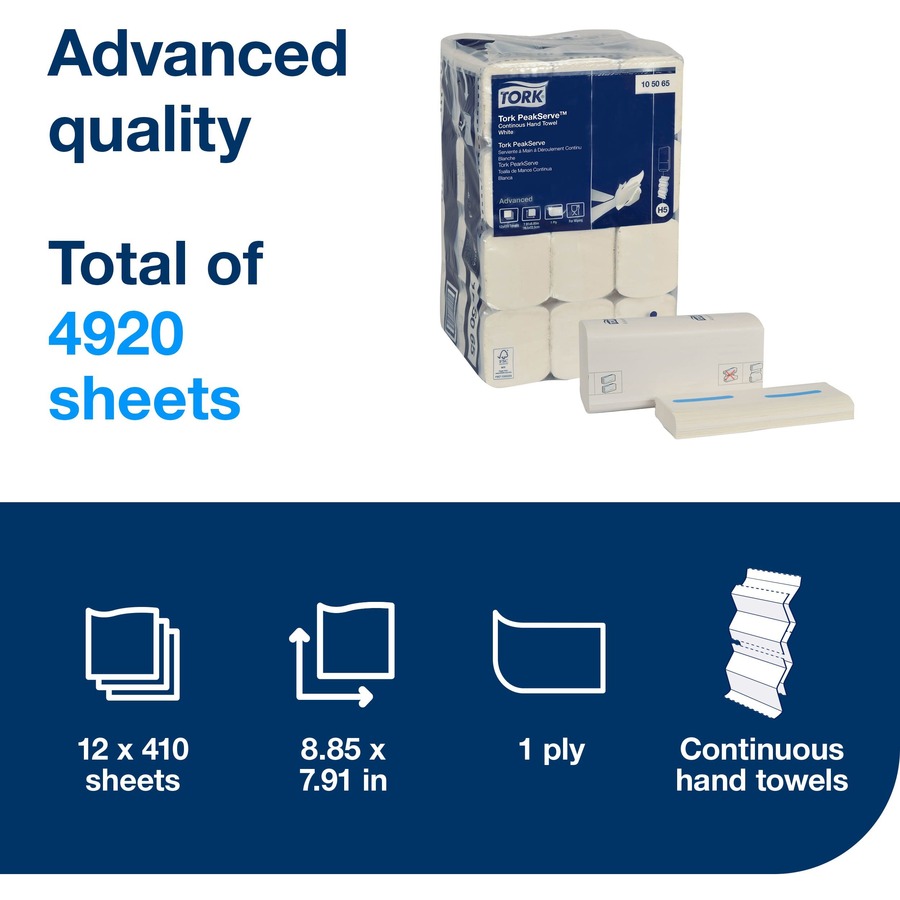 Tork PeakServe® Continuous™ Hand Towel White H5 - Tork PeakServe®  Continuous™ Hand Towel White H5, Advanced, Compressed, 12 x 410 sheets,  105065 