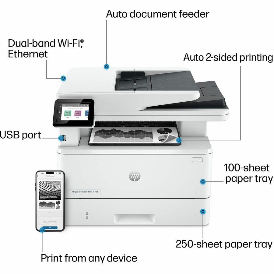 HP LaserJet Pro 4101dw Wireless Laser Multifunction Printer - Monochrome