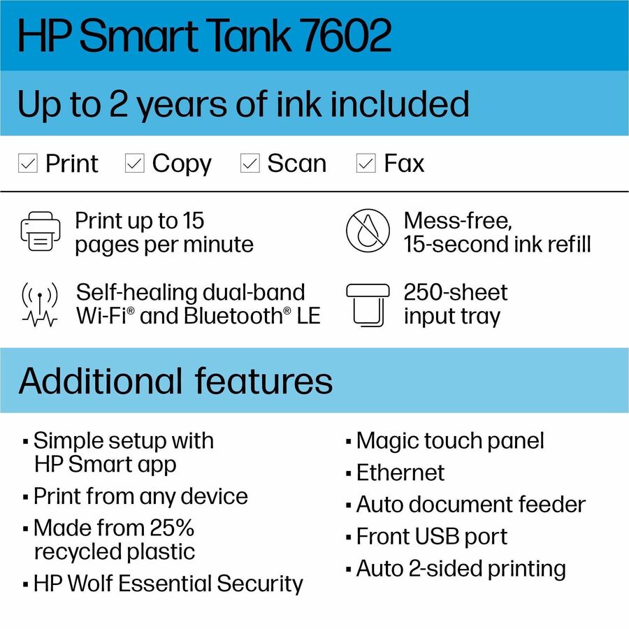 HP 7602 Wired & Wireless Smart Tank Inkjet Multifunction Printer - Color