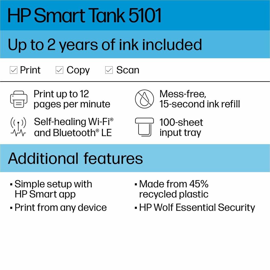 HP 5101 Wireless Smart Tank Inkjet Multifunction Printer - Color
