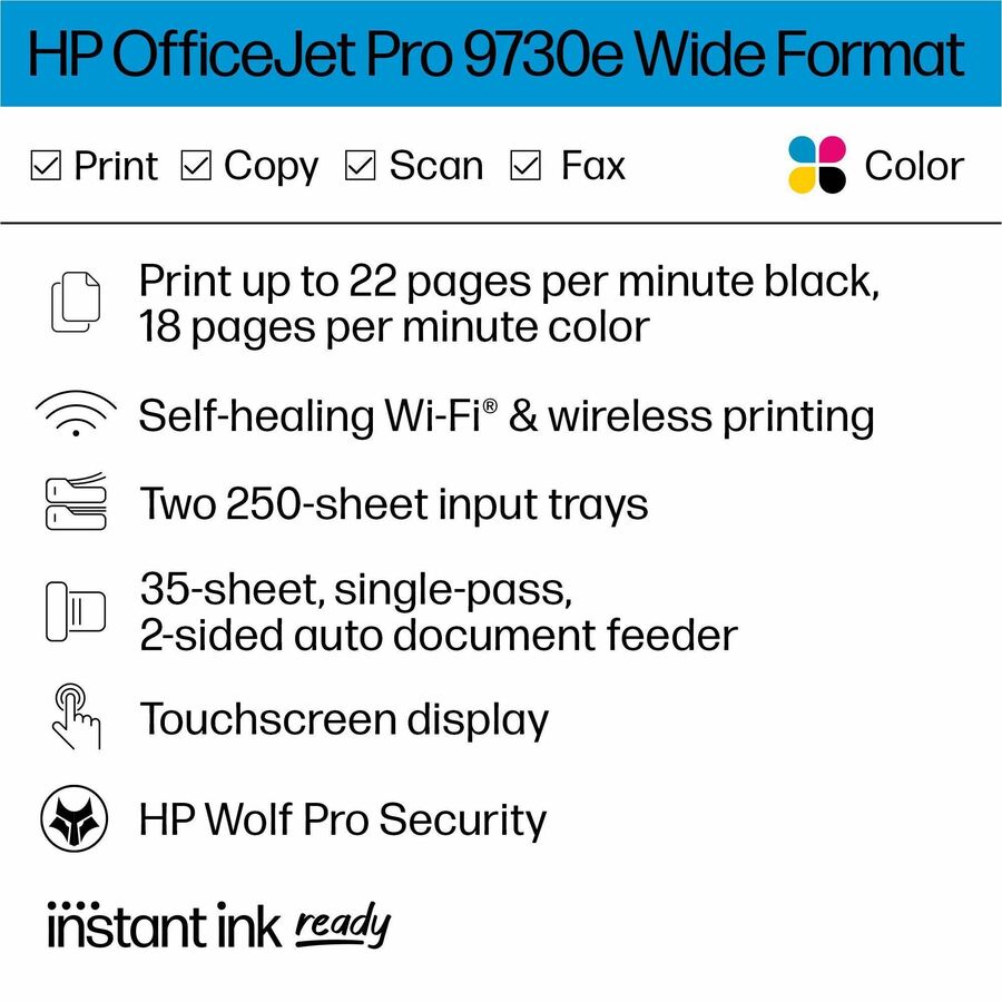 HP Officejet Pro 9730e Wired & Wireless Inkjet Multifunction Printer - Color