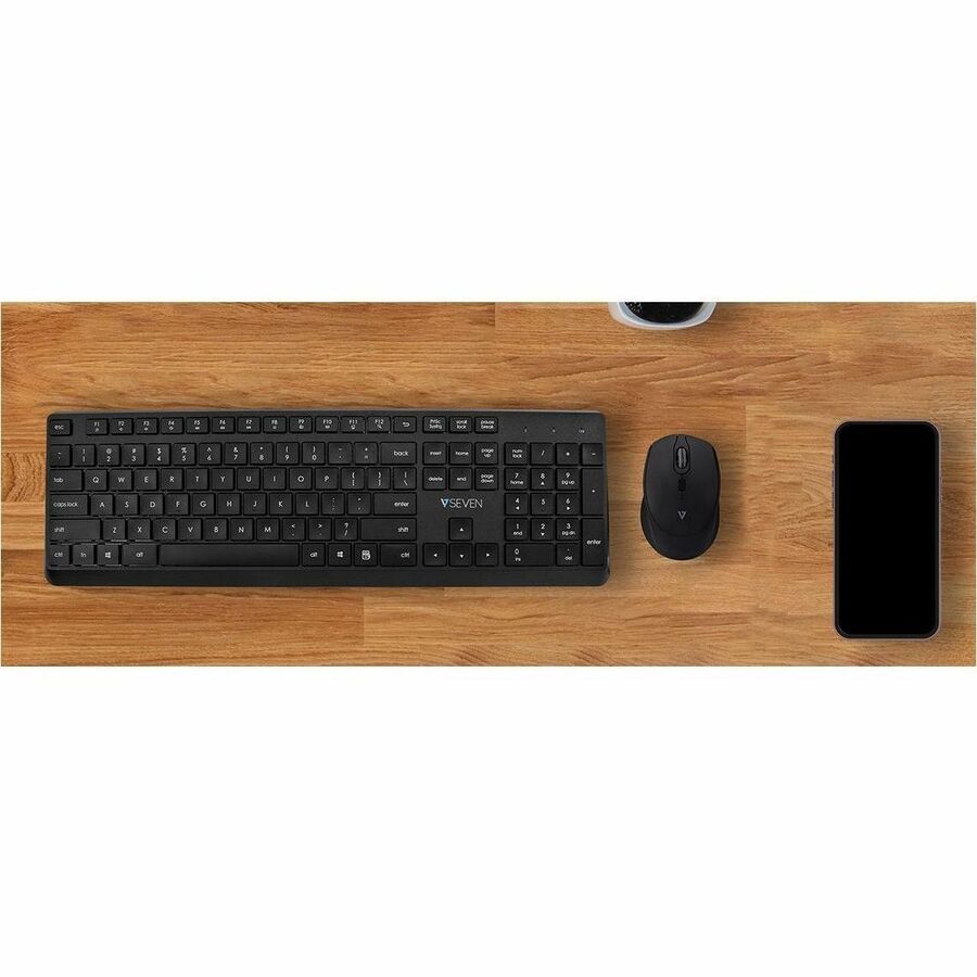 V7 CKW350US 2.4Ghz Wireless Quiet Keyboard and Mouse Combo - US Layout - English (US) - QWERTY - Business - Black - Wireless Connectivity - Full Size - USB Interface - Windows - MacOS - ChromeOS - Multimedia keys - Lasered keycaps - Multimedia Hot Key(s) - Desktop - Batteries Included