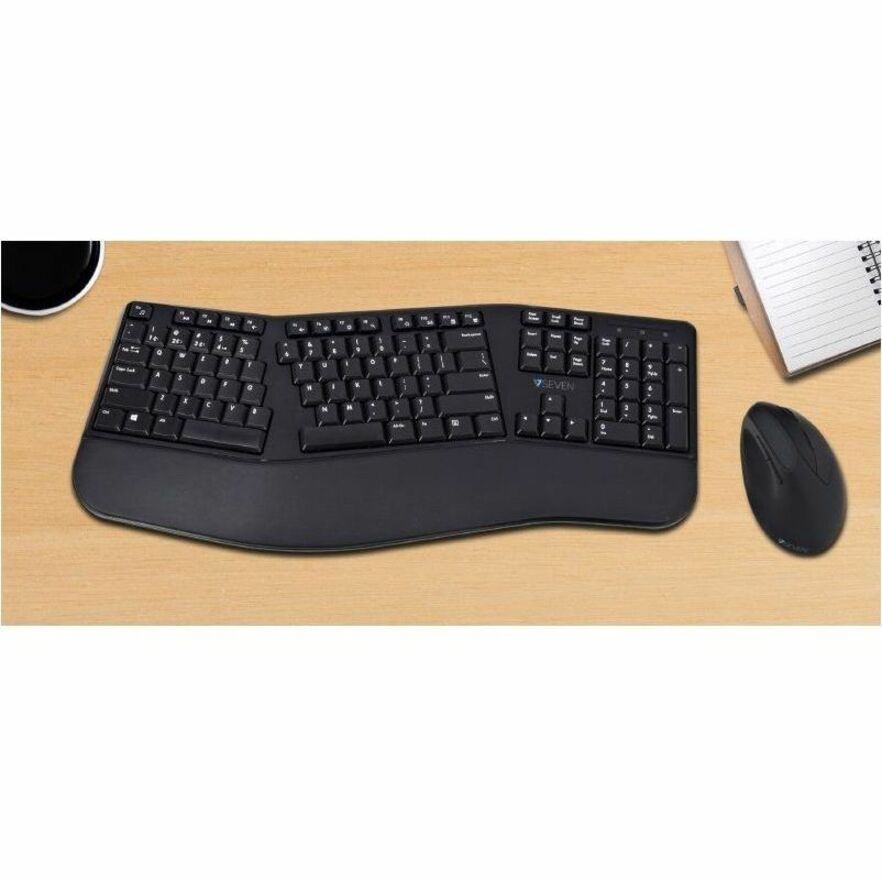 V7 Bluetooth Split Ergonomic Keyboard and Mouse Combo - Business - US Layout - English (US) - QWERTY - Black - Wireless Connectivity - Bluetooth - RF - 2.4GHz - Full Size - Padded Palm Rest - USB Interface - Windows - MacOS - ChromeOS - Ergo - Dual Mode Connection - Multimedia keys - Lasered keycaps -Battery included