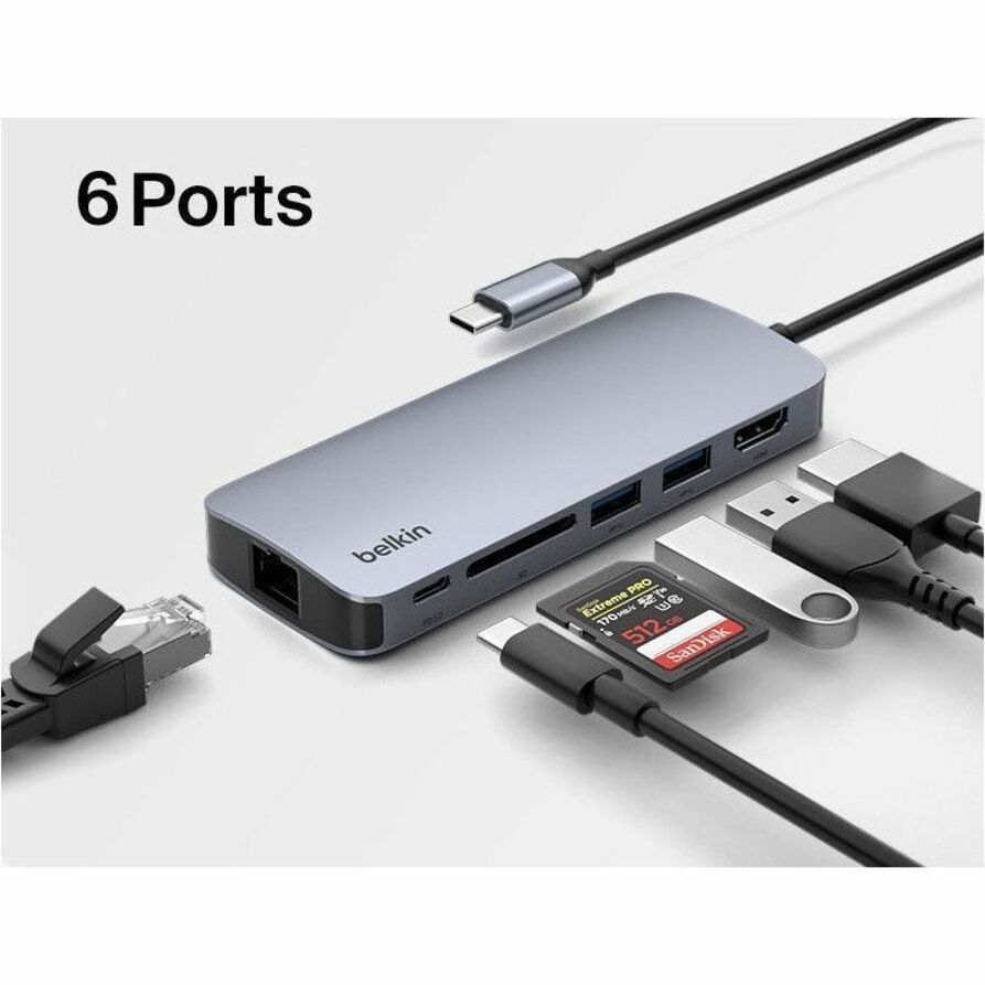 Belkin 6-Port USB-C Hub - USB-C to 2xUSB-A, 1xUSB-C, 1xEthernet, 1x8K HDMI, 1xSD Reader - Docking Station - Grey