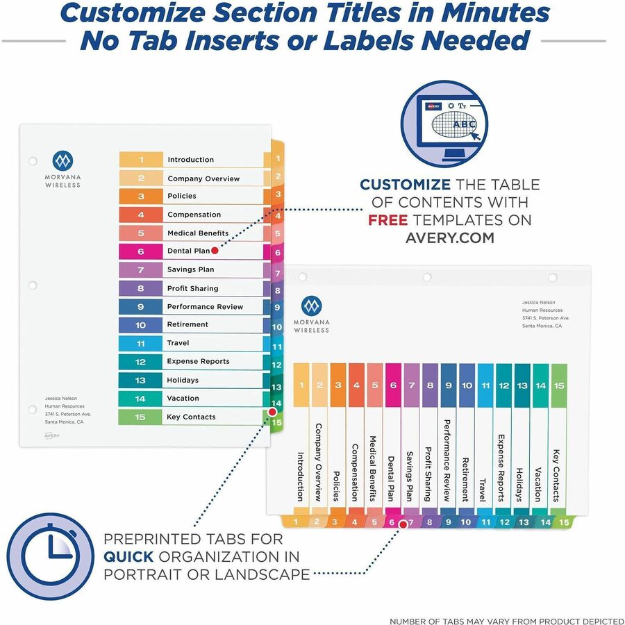 Avery&reg; Ready Index&reg; Table of Content Dividersfor Laser and Inkjet Printers, 15 tabs, 1 set