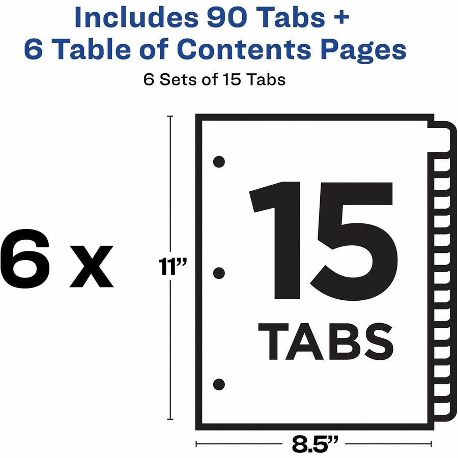 Avery&reg; Ready Index&reg; Table of Content Dividers for Laser and Inkjet Printers, 15 tabs, 6 sets