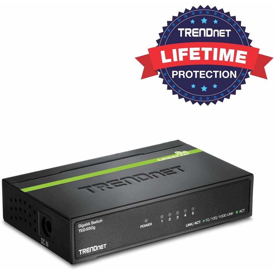 TRENDnet 5-Port Unmanaged Gigabit GREENnet Desktop Metal Switch, Ethernet-Network Switch, 5 x Gigabit Ports, Fanless, 10 Gbps Switching Fabric, Lifetime Protection, Black, TEG-S50g