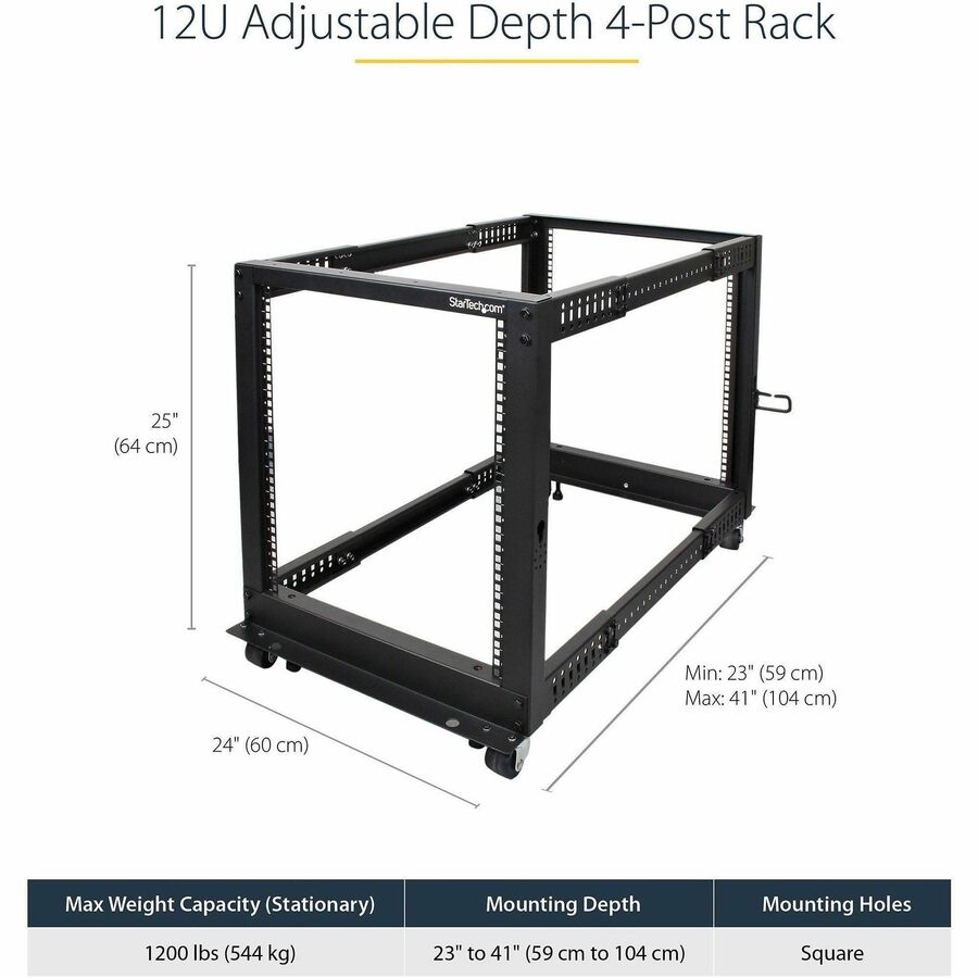 StarTech.com Rack Cabinet - For Server, LAN Switch, A/V Equipment, Patch Panel, KVM Switch - 12U Rack Height x 19" Rack Width x 40" Rack Depth - Floor Standing Open Frame - Black - Steel, Cold Rolled Steel - 1.20 lb Static/Stationary Weight Capacity - 2 Y