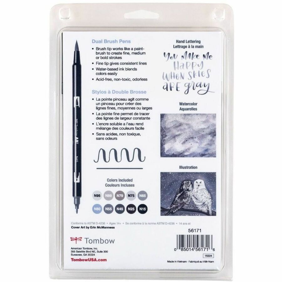 Tombow Dual Brush Pen Art Markers, Grayscale, 10-Pack