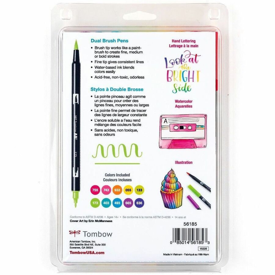 Tombow Dual Brush Pen Art Markers, Bright, 10-Pack