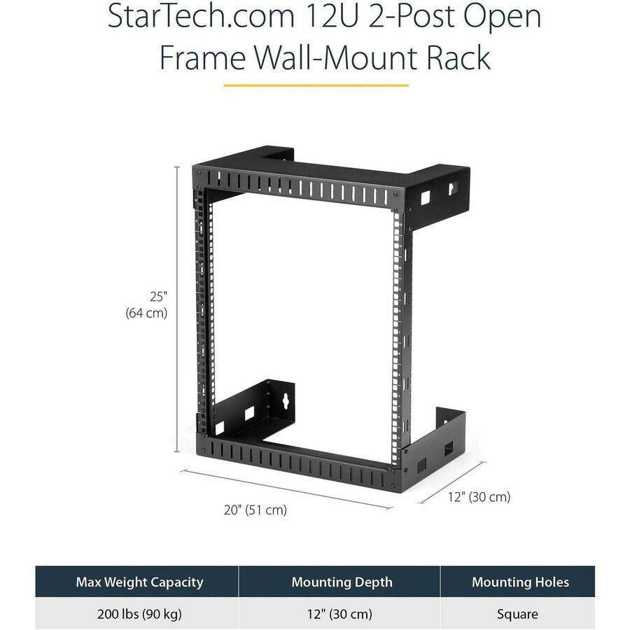 StarTech.com 12U Wall-Mount Server Rack - 12 in. Depth - For Server, LAN Switch, Patch Panel, Computer - 12U Rack Height12" Rack Depth - Wall Mountable Open Frame - 2 Post - Black - SPCC - 198.42 lb Maximum Weight Capacity - 5 Year Warranty