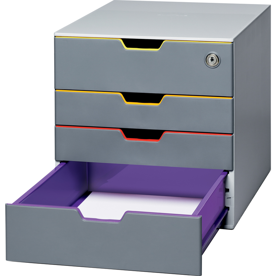 DBL760627 - Drawer Box features a stylish design with sleek contours for an attractive addition to any desk. Each drawer is colored in a different color to aid document organization. Skid-proof, plastic feet prevent sliding on smooth surfaces. The top, lockable drawer allows you to safely store your confidential documents and personal belongings. Its compact size allows it to fit into all standard office cabinets and sideboards. Drawers with drawer stops operate smoothly and silently for easy access to your belongings. Stackable construction allows you to place additional drawer boxes on top for space-saving, desktop organization. Letter-size organizer is perfect for storing office papers, various office supplies, business cards, craft supplies, school supplies, jewelry and more. More from the Manufacturer