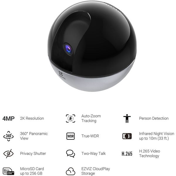 EZVIZ C6W Smart 2K QHD Indoor Pan/Tilt Wi-Fi Security Camera with Auto-zoom motion tracking, 360° Panoramic View,two-way audio, microSD (max 256g), Works with Google Assistant and Amazon Alexa (EZC6W3H4)