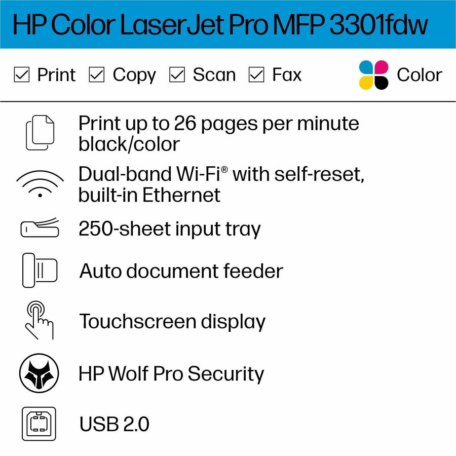 HP LaserJet Pro 3301fdw Wired & Wireless Laser Multifunction Printer - Color